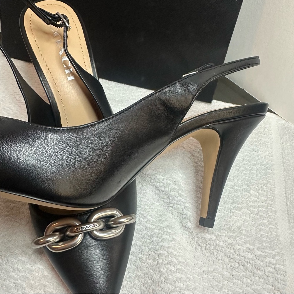 NWOT Coach Black sling back Heels with Silver Chain Accent - Picture 10 of 13